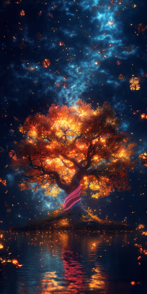 Fantasy glowing tree centered on a fiery orange island with a starry indigo sky ultra HD reflective autumn scene