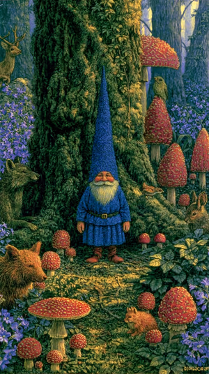Whimsical illustration of a blue hat gnome centered on a mossy green forest background with red mushrooms in ultra HD
