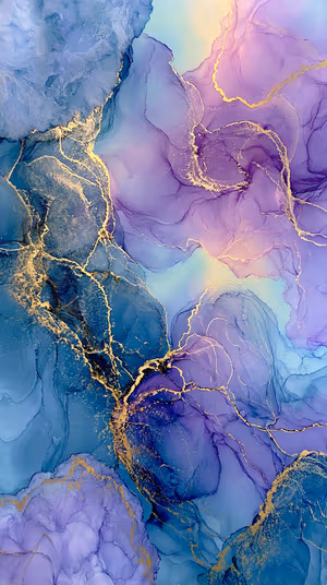 Abstract alcohol ink gold veined marble in blue and purple tones, ultra hd phone background