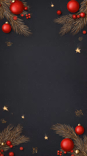 Minimalist gold pine branches with red baubles on a textured black background ultra HD image for iPhone.