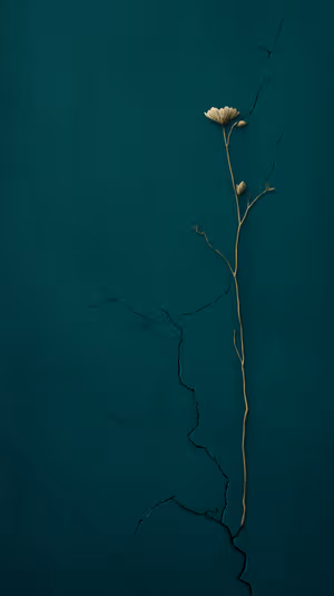 Minimalist gold flower stem rising from cracks on a deep teal textured background ultra HD phone background.