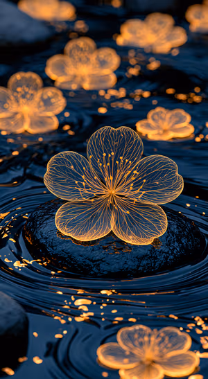 Luminous flower centered on a deep blue water background in a glowing linework aesthetic.