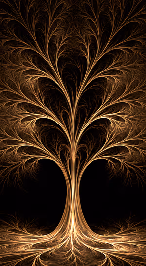 Ornate fractal tree centered on a black background with golden amber filigree