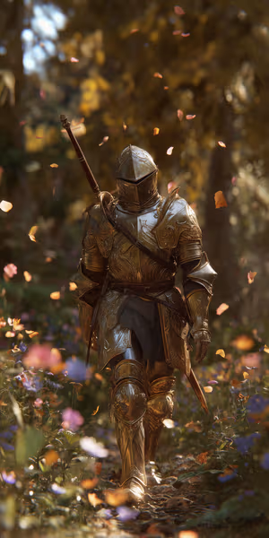 Painterly fantasy golden knight centered on a gold toned forest path with falling petals and dappled sunlight, ultra HD image