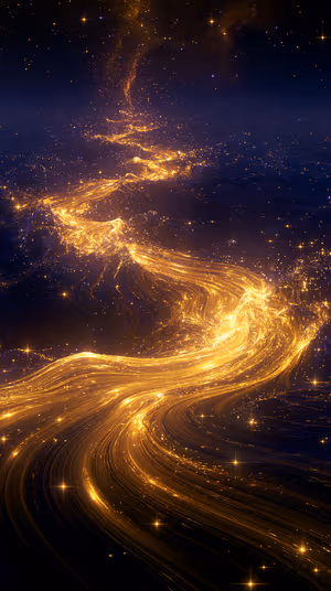 Abstract cosmic golden river centered on deep navy background in a luminous flowing light aesthetic, ultra hd wallpaper