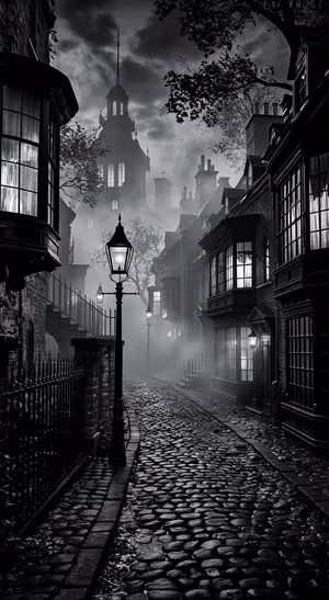 Gothic cobblestone alley with lanterns and church silhouettes in a black and gray foggy aesthetic