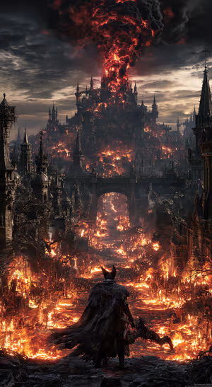 Gothic burning city centered on a black and red background in a dark fantasy aesthetic.