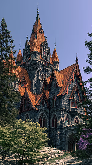 Gothic castle with red tile spires and gray stone façade on clear sky, ultra HD 8K background for iPhone Lock Screen