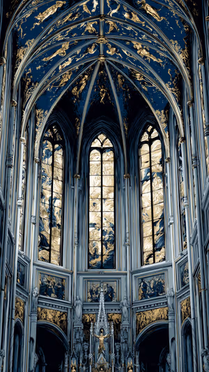 Gothic interior with vaulted ceilings and stained glass centered on dark gold tones in Gothic aesthetic, ultra hd