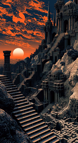 Dark fantasy citadel with terraced stone steps against an orange sunset in a gothic aesthetic.