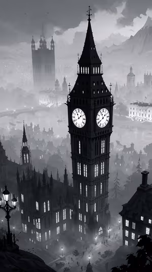 Moody gothic clocktower centered on a misty gray background in cinematic monochrome, ultra HD image.
