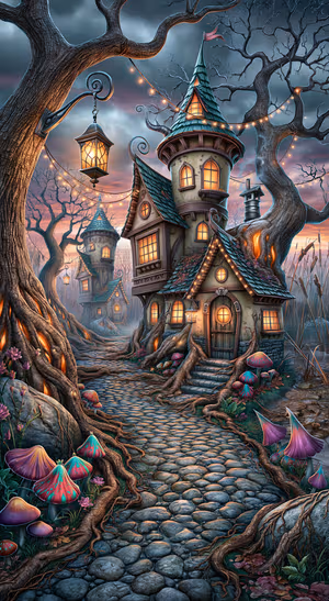 Gothic fantasy cottage on a teal and amber forest path in a whimsical dark aesthetic.