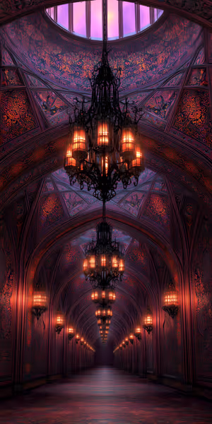 Gothic lantern corridor centered on a red purple vaulted ceiling with ornate lantern chandeliers in gothic aesthetic