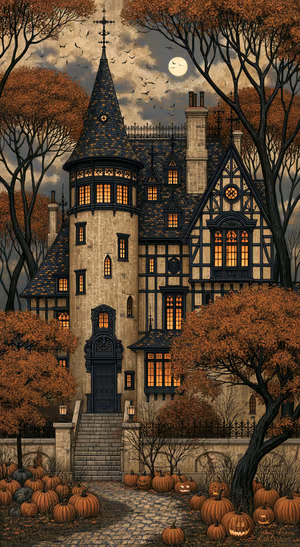 Gothic mansion centered among orange autumn trees in a dark gothic aesthetic.