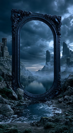 Gothic mirror framing a misty mountain lake on a dark blue background in a fantasy aesthetic