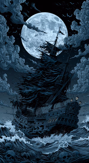 Gothic pirate ship beneath a blue full moon in a dark nautical aesthetic.
