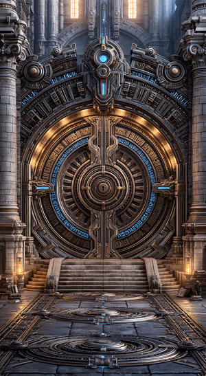 Gothic mechanical portal centered on a gray stone background in a bronze and blue cyberpunk aesthetic.