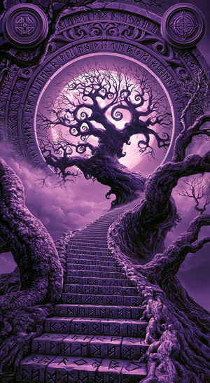 Gothic fantasy tree with runes and a moon on a purple background in a dark aesthetic.