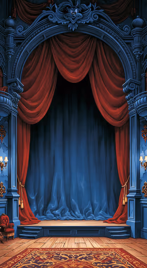 Gothic theater stage centered on a red and blue background in a dramatic gothic aesthetic.