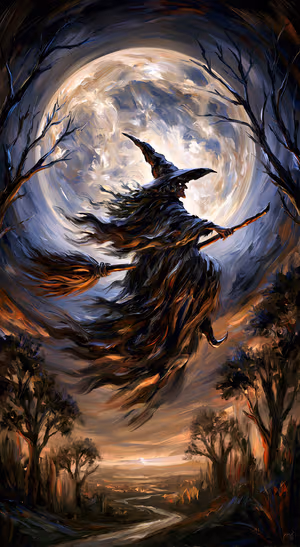 Painterly gothic witch centered on a black and blue moonlit background in a dark fantasy aesthetic.