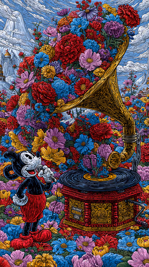 Intricate hand drawn gramophone and vintage cartoon singer amid vibrant multicolor flowers, ultra HD 8K background