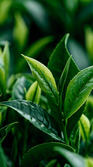 Macro close up of glossy green leaves with deep tones, ultra hd image ideal for iPhone lock screens.