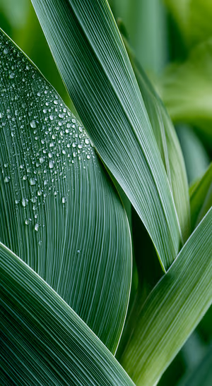 Macro green leaves with water droplets in a vivid nature aesthetic