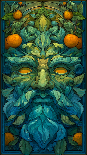 Stained glass botanical Green Man portrait of teal and green leaves with glowing citrus eyes ultra HD 8K background.