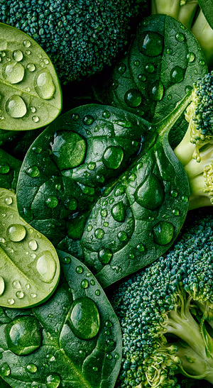 Macro green vegetables covered in water droplets with a vivid natural aesthetic.