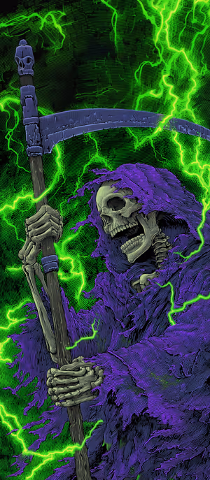 Neon gothic Grim Reaper centered on purple and neon green background in electric illustration aesthetic, ultra hd