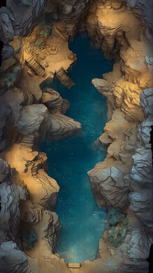 Cinematic top down grotto pool centered on a turquoise background with glowing ledges and wooden bridges ultra hd 8k image.