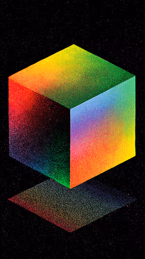 Retro halftone cube with vibrant rainbow dot texture floating over a star speckled black background ultra hd 8K background.
