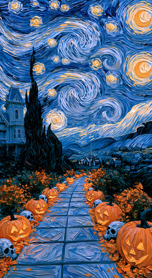 Impressionist Halloween path with pumpkins and swirling stars on a blue and orange night background.