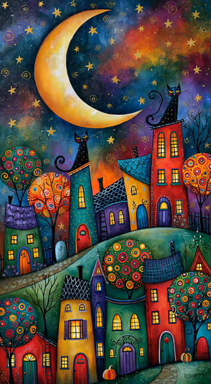 Whimsical Halloween village centered on a colorful moonlit background in folk art style.