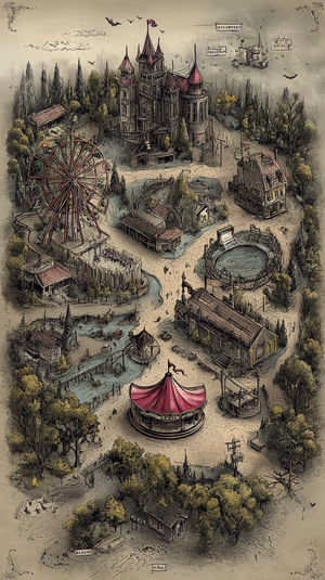 Vintage bird's eye illustration of a haunted carnival map centered on muted parchment tones in vintage map aesthetic, ultra HD.