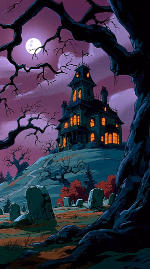 Illustrated haunted mansion on a moody purple and teal night, moonlit graveyard scene ultra HD iPhone background.