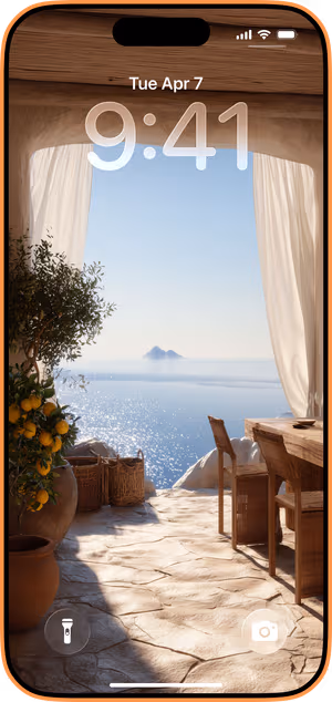 Wallpaper preview on iPhone 17 Pro Max running iOS 26 - Mediterranean Lemon Terrace