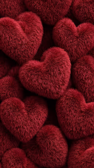 Fluffy heart pattern on deep crimson fur texture, seamless romantic background in a cozy soft fur aesthetic, ultra HD 8K.