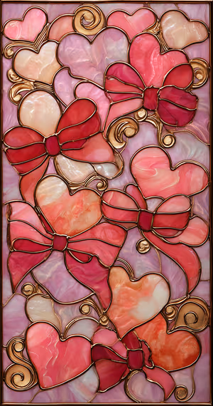 Stained glass hearts panel in pink and coral tones with gold leading and marbled textures ultra HD wallpaper