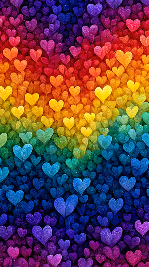 Textured heart pattern across a rainbow gradient background in a vibrant abstract aesthetic, ultra HD 8K image