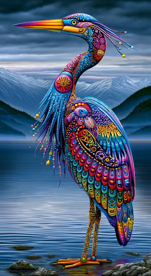 Ornate psychedelic heron centered on a moody blue lake background in vibrant multicolor digital art aesthetic, ultra HD