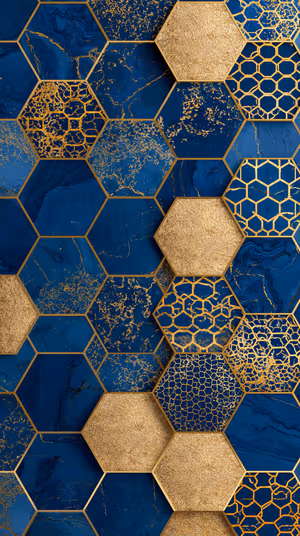 Geometric hexagon mosaic on deep blue background with gold foil textures ultra HD 8K image