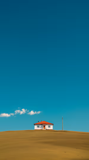 Minimalist hilltop house with red roof against a turquoise sky and golden fields, ultra HD background.