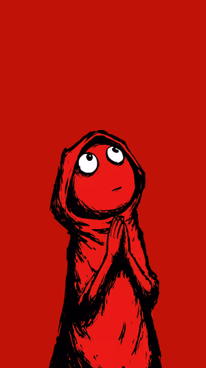 Minimalist hooded figure centered on a crimson background with black accents, emotive silhouette ultra HD 8K.