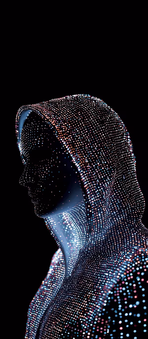 Cyberpunk neon hoodie portrait mapped in multicolor LED dots on a deep black background, ultra HD image for mobile screens.