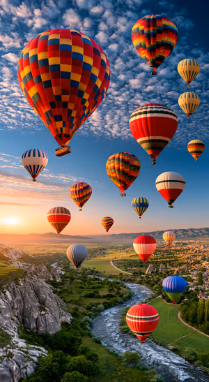 Vibrant hot air balloons over a blue valley landscape in a colorful scenic aesthetic.