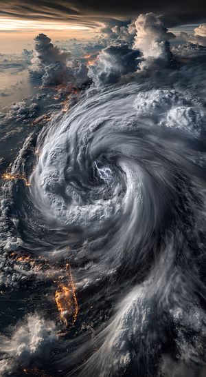 Dramatic hurricane storm over Earth with dark gray clouds, orange city lights, and lightning in a cinematic aesthetic.