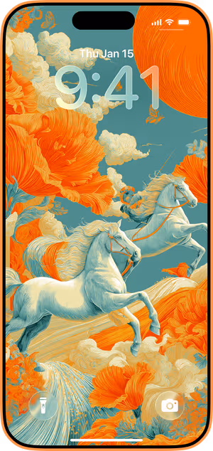Wallpaper preview on iPhone 17 Pro Max running iOS 26 - Galloping White Horses