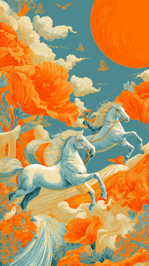 Surreal floral scene of galloping white horses centered on orange and teal background, ultra HD 8K phone background