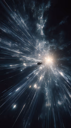 Futuristic hyperspace tunnel with a spaceship and streaking stars on a deep blue and black background ultra HD 8K